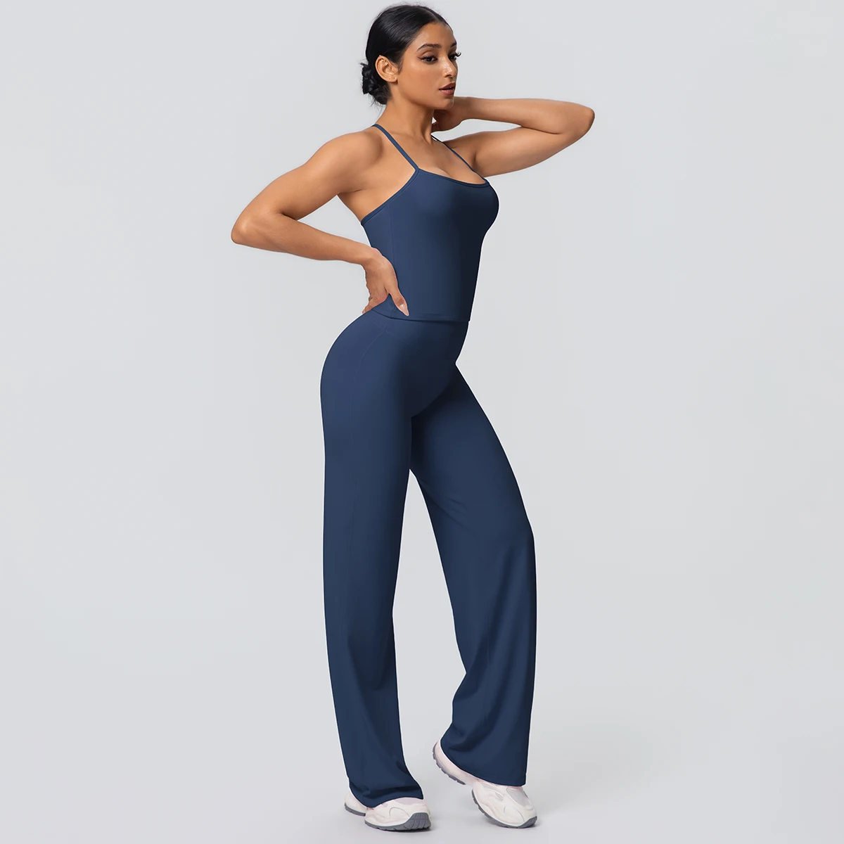2Pieces Solid Color Gym Sports Yoga Set for Women Sexy Beautiful Back Strap Vest Workout Top Breathable Wide Leg Pants Yoga Suit