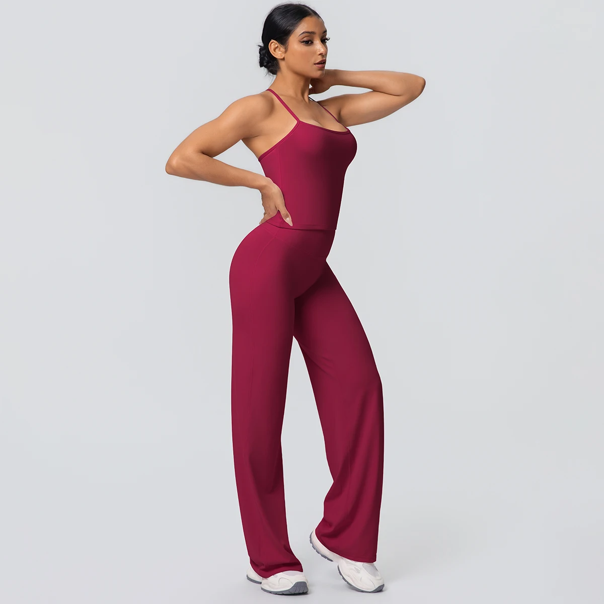 2Pieces Solid Color Gym Sports Yoga Set for Women Sexy Beautiful Back Strap Vest Workout Top Breathable Wide Leg Pants Yoga Suit
