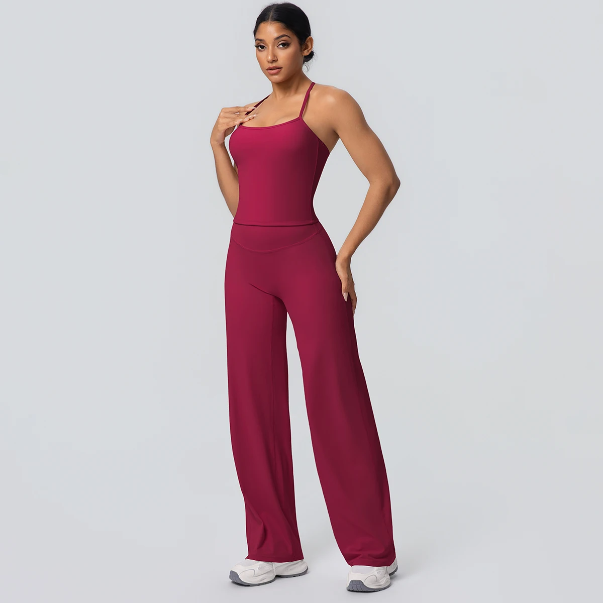 2Pieces Solid Color Gym Sports Yoga Set for Women Sexy Beautiful Back Strap Vest Workout Top Breathable Wide Leg Pants Yoga Suit