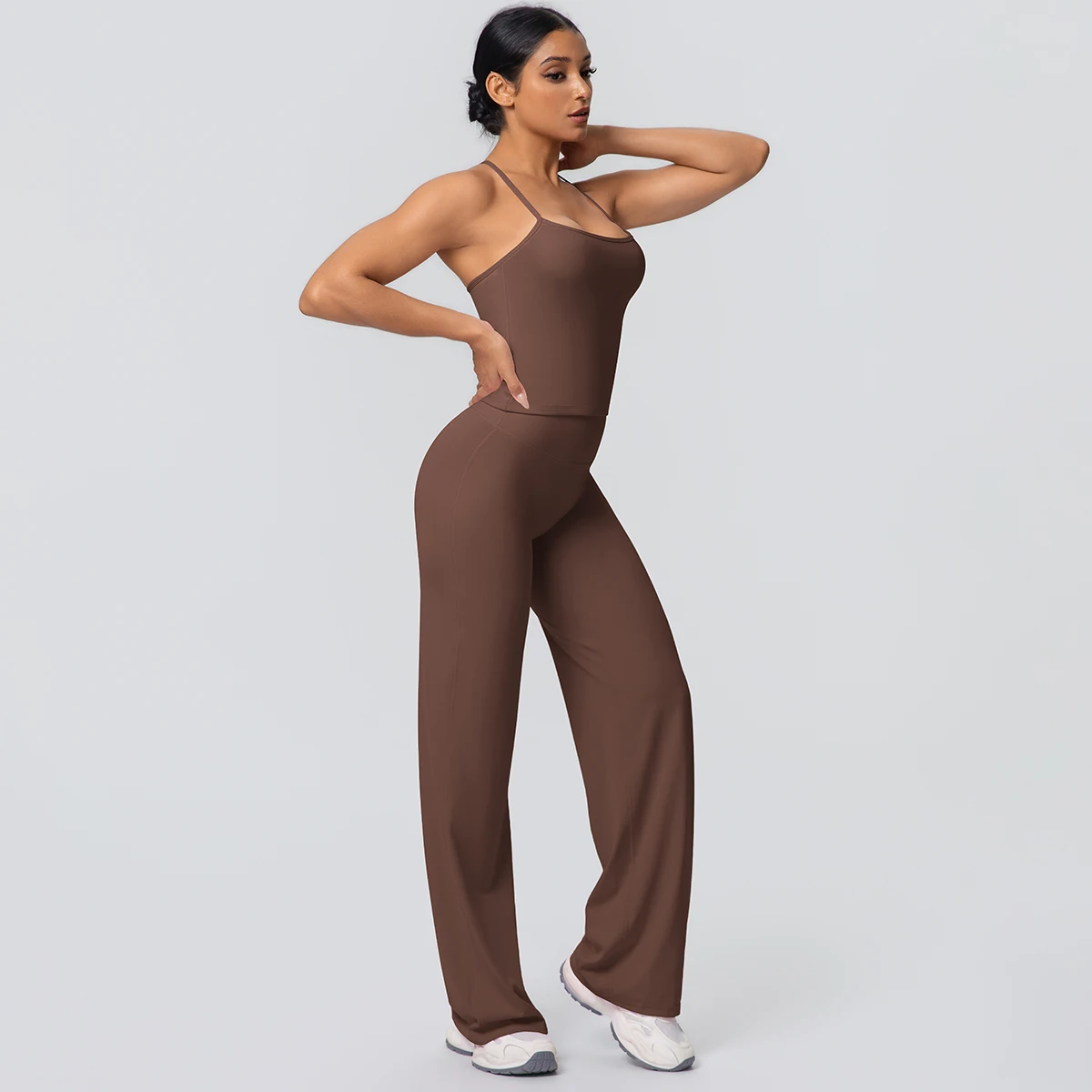 2Pieces Solid Color Gym Sports Yoga Set for Women Sexy Beautiful Back Strap Vest Workout Top Breathable Wide Leg Pants Yoga Suit