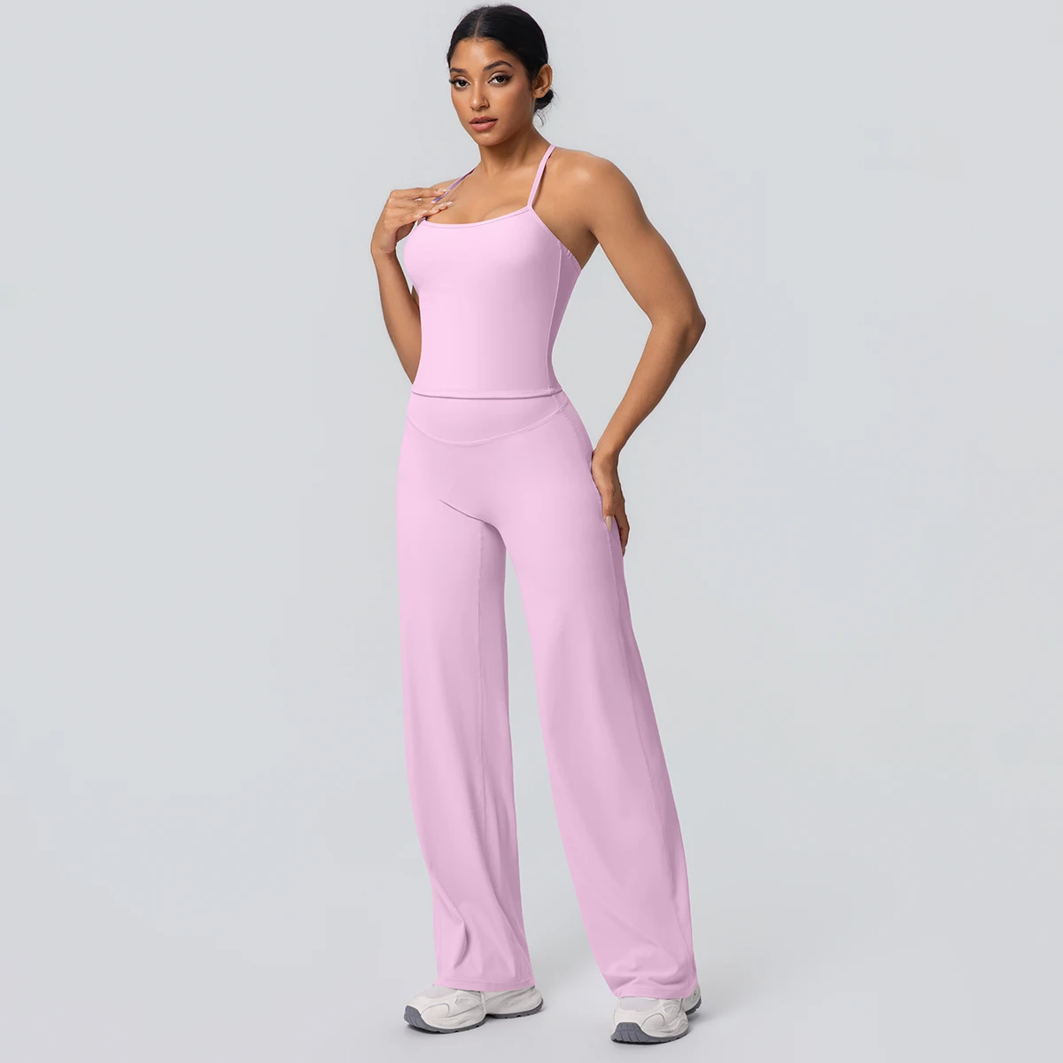 2Pieces Solid Color Gym Sports Yoga Set for Women Sexy Beautiful Back Strap Vest Workout Top Breathable Wide Leg Pants Yoga Suit