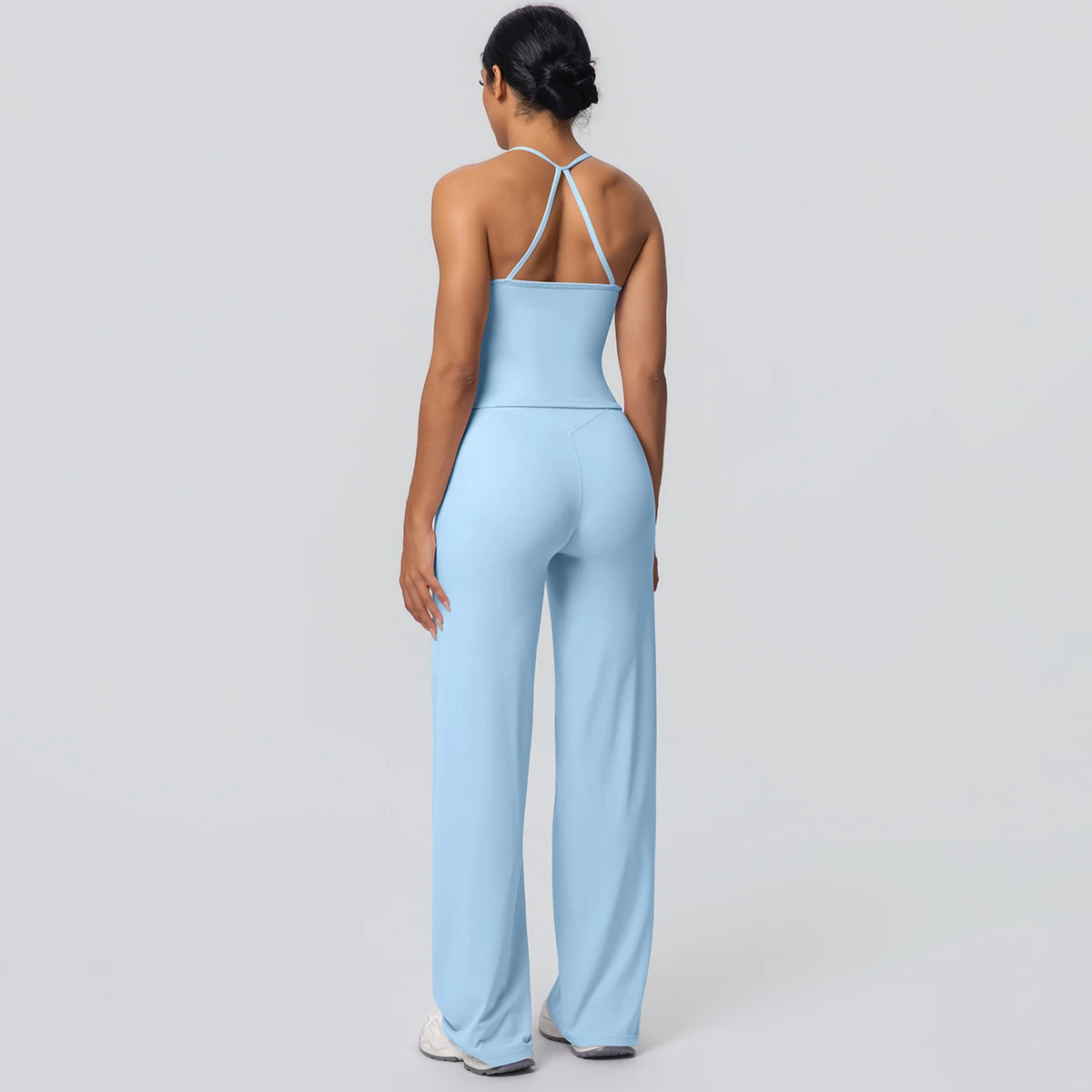 2Pieces Solid Color Gym Sports Yoga Set for Women Sexy Beautiful Back Strap Vest Workout Top Breathable Wide Leg Pants Yoga Suit