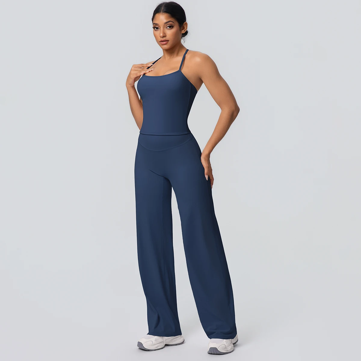 2Pieces Solid Color Gym Sports Yoga Set for Women Sexy Beautiful Back Strap Vest Workout Top Breathable Wide Leg Pants Yoga Suit