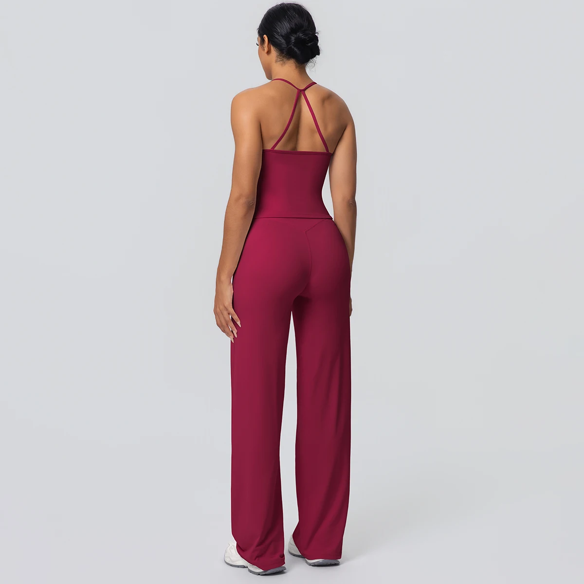2Pieces Solid Color Gym Sports Yoga Set for Women Sexy Beautiful Back Strap Vest Workout Top Breathable Wide Leg Pants Yoga Suit
