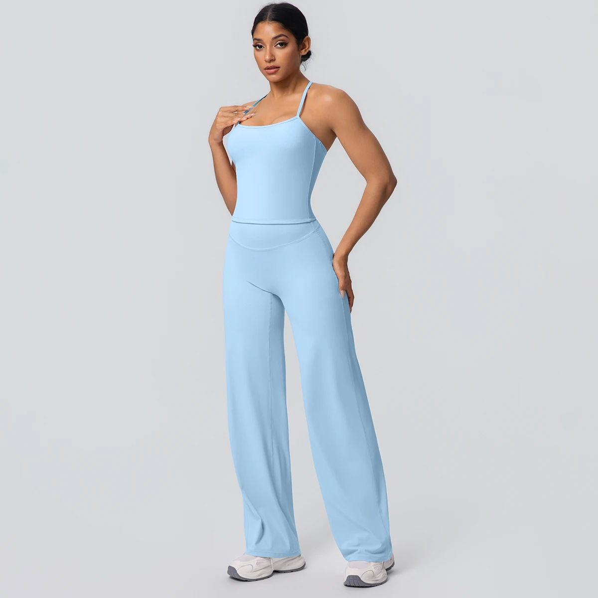 2Pieces Solid Color Gym Sports Yoga Set for Women Sexy Beautiful Back Strap Vest Workout Top Breathable Wide Leg Pants Yoga Suit