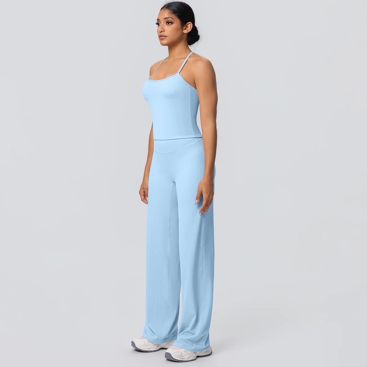 2Pieces Solid Color Gym Sports Yoga Set for Women Sexy Beautiful Back Strap Vest Workout Top Breathable Wide Leg Pants Yoga Suit