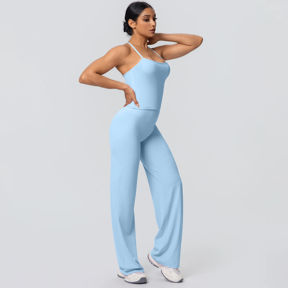 2Pieces Solid Color Gym Sports Yoga Set for Women Sexy Beautiful Back Strap Vest Workout Top Breathable Wide Leg Pants Yoga Suit