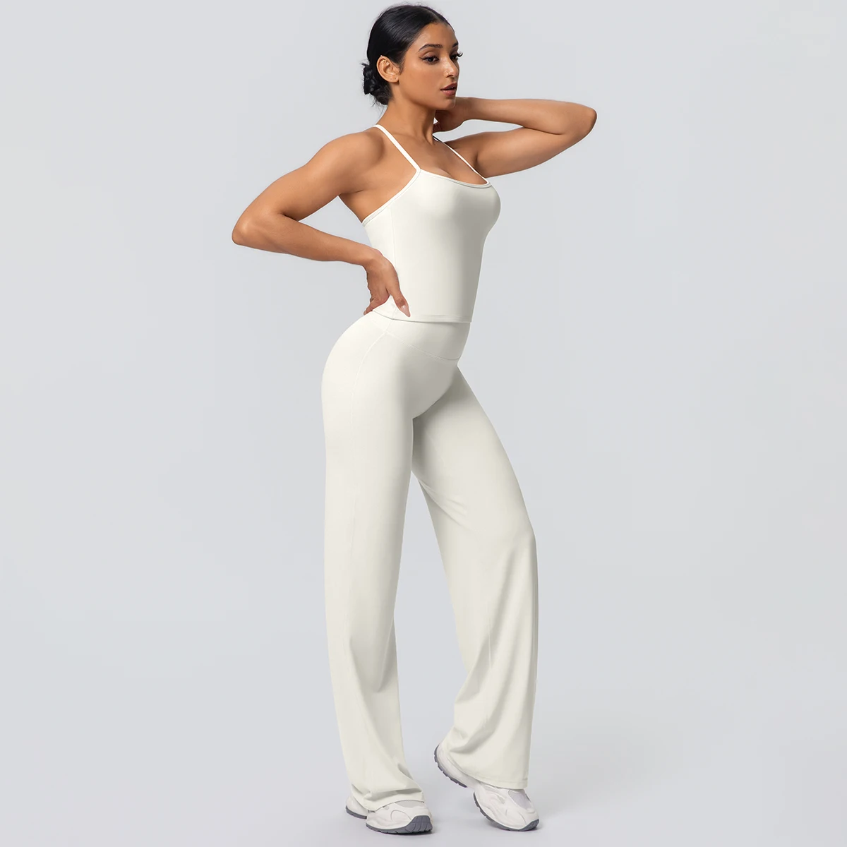 2Pieces Solid Color Gym Sports Yoga Set for Women Sexy Beautiful Back Strap Vest Workout Top Breathable Wide Leg Pants Yoga Suit