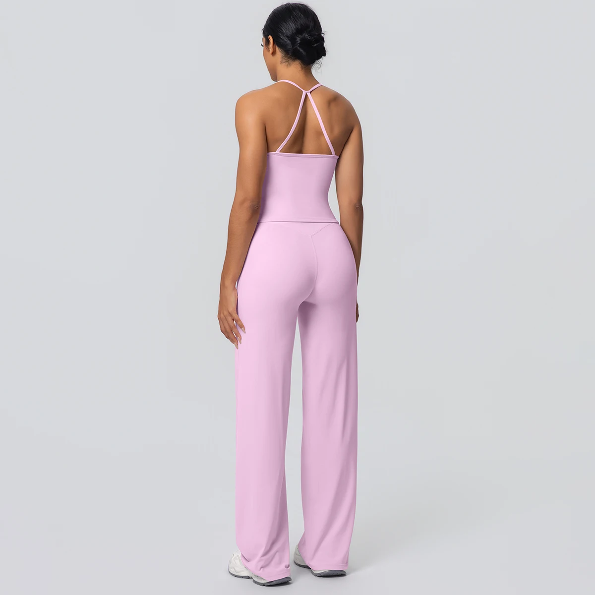 2Pieces Solid Color Gym Sports Yoga Set for Women Sexy Beautiful Back Strap Vest Workout Top Breathable Wide Leg Pants Yoga Suit
