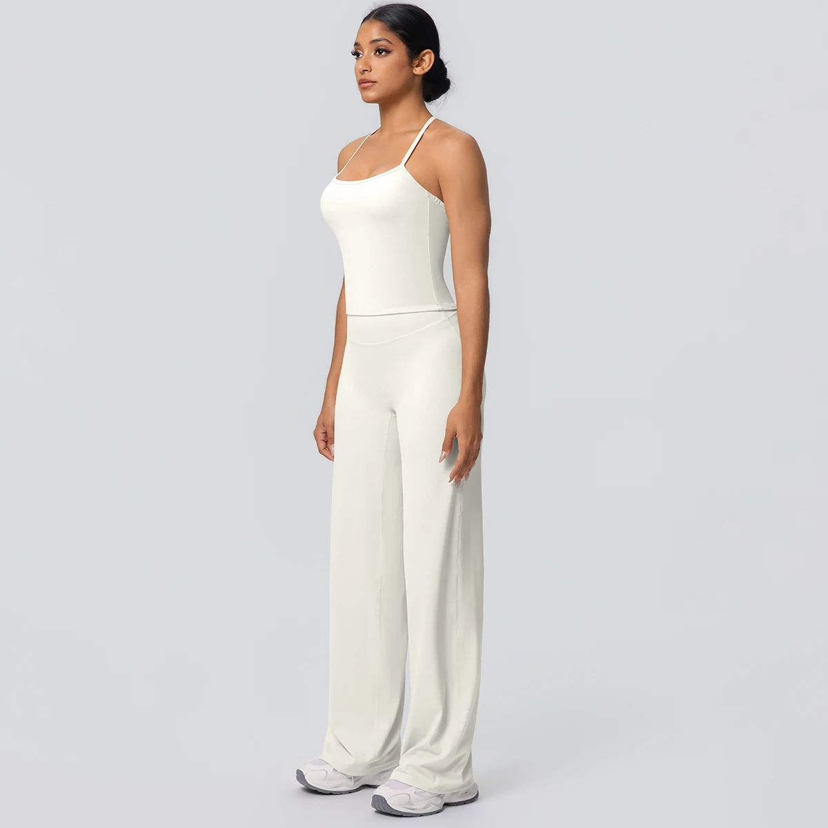 2Pieces Solid Color Gym Sports Yoga Set for Women Sexy Beautiful Back Strap Vest Workout Top Breathable Wide Leg Pants Yoga Suit