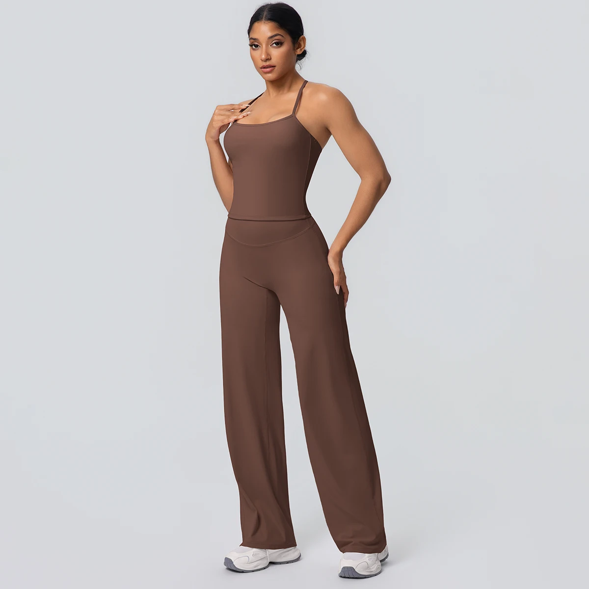 2Pieces Solid Color Gym Sports Yoga Set for Women Sexy Beautiful Back Strap Vest Workout Top Breathable Wide Leg Pants Yoga Suit