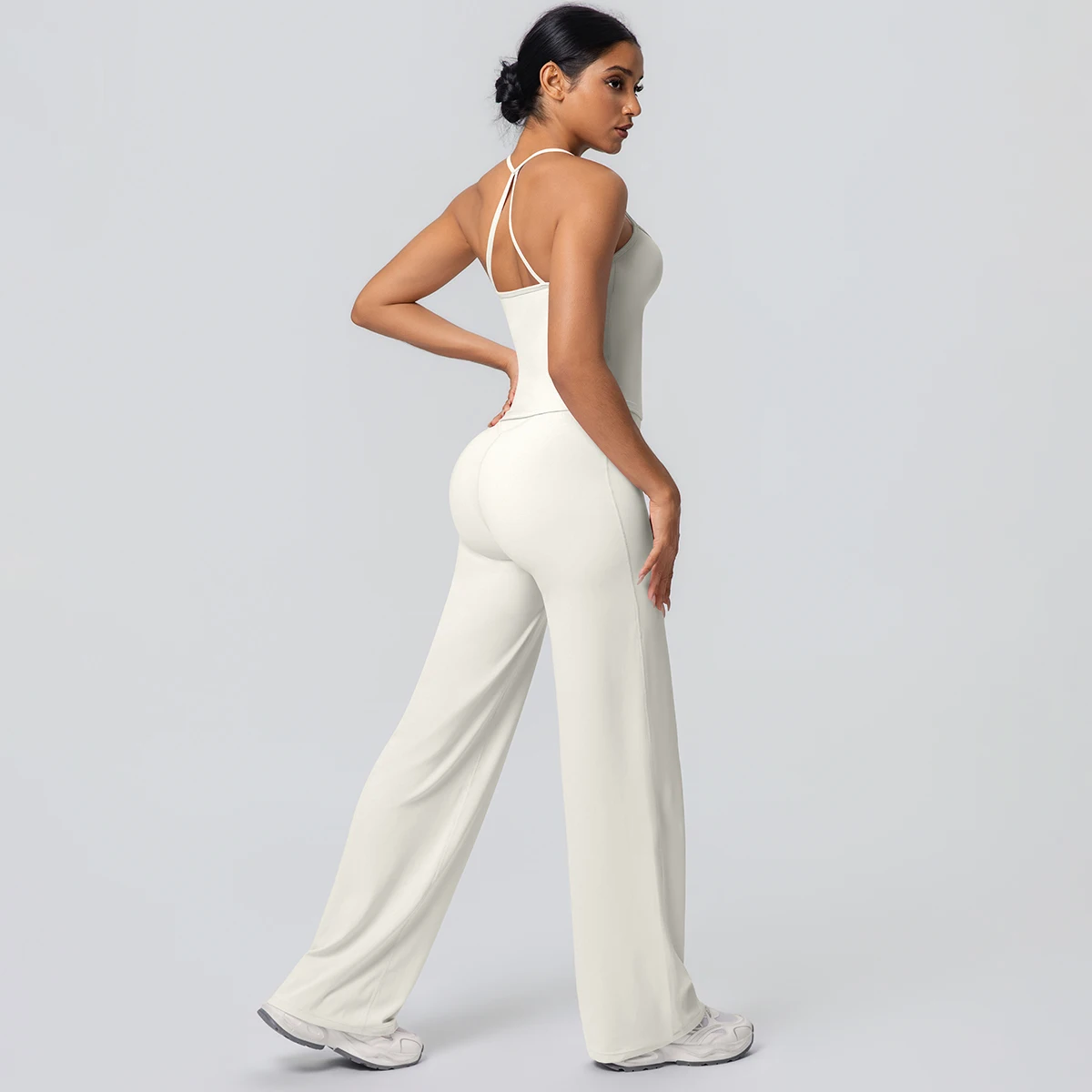2Pieces Solid Color Gym Sports Yoga Set for Women Sexy Beautiful Back Strap Vest Workout Top Breathable Wide Leg Pants Yoga Suit