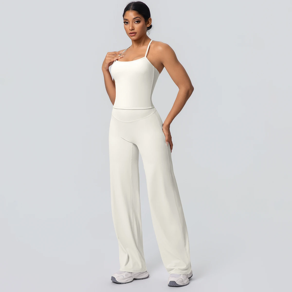 2Pieces Solid Color Gym Sports Yoga Set for Women Sexy Beautiful Back Strap Vest Workout Top Breathable Wide Leg Pants Yoga Suit