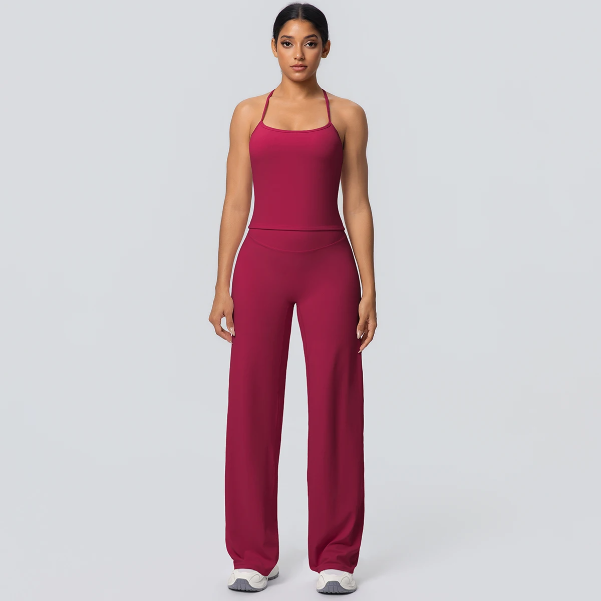 2Pieces Solid Color Gym Sports Yoga Set for Women Sexy Beautiful Back Strap Vest Workout Top Breathable Wide Leg Pants Yoga Suit