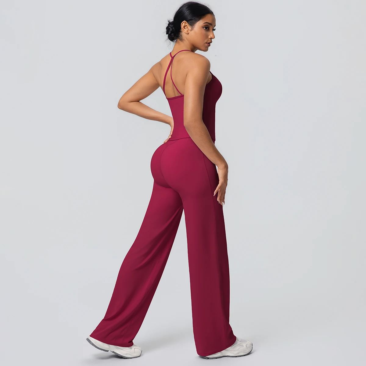 2Pieces Solid Color Gym Sports Yoga Set for Women Sexy Beautiful Back Strap Vest Workout Top Breathable Wide Leg Pants Yoga Suit