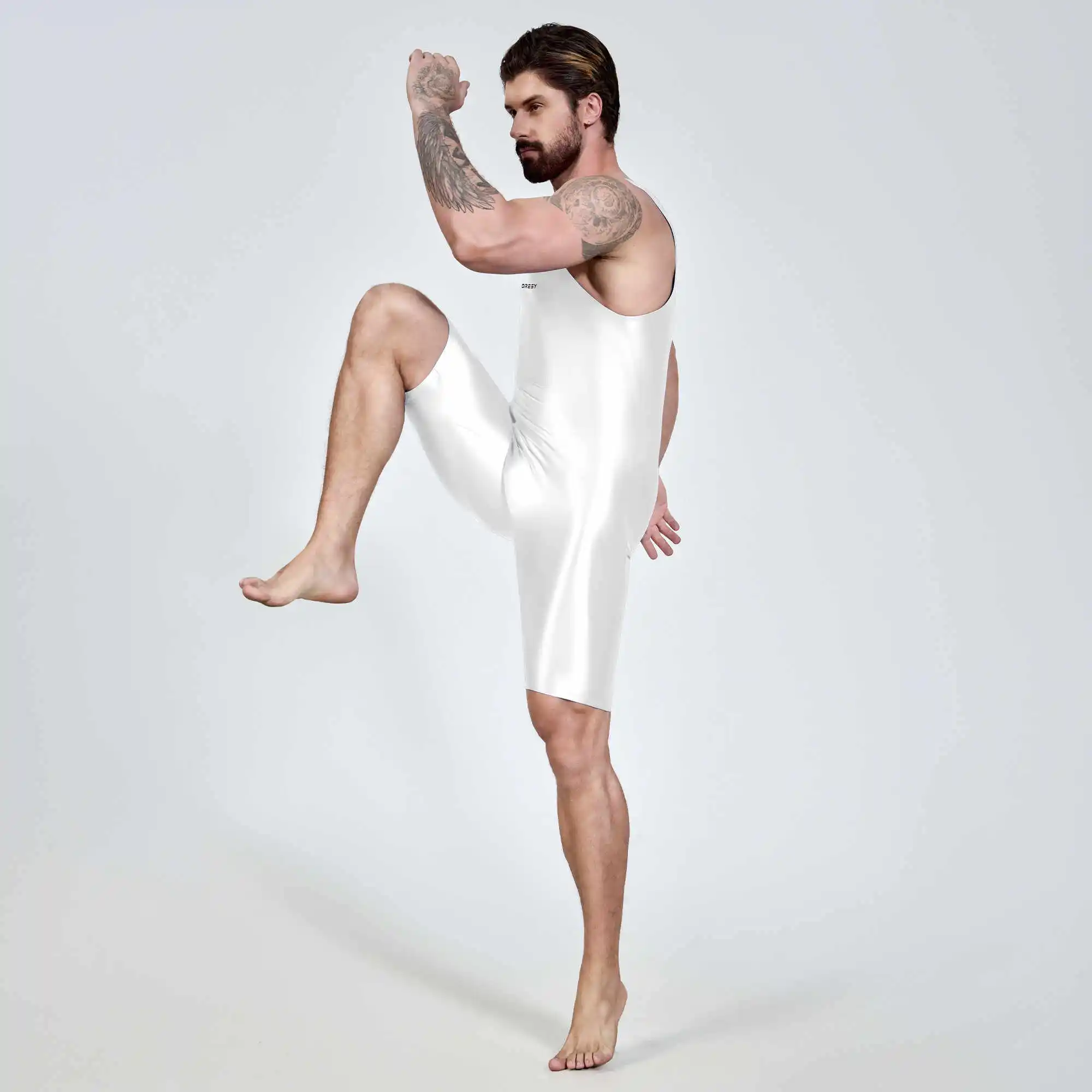 AMORESY satin smooth men's jumpsuit silk smooth surfing suit yoga sportswear vest five part jumpsuit