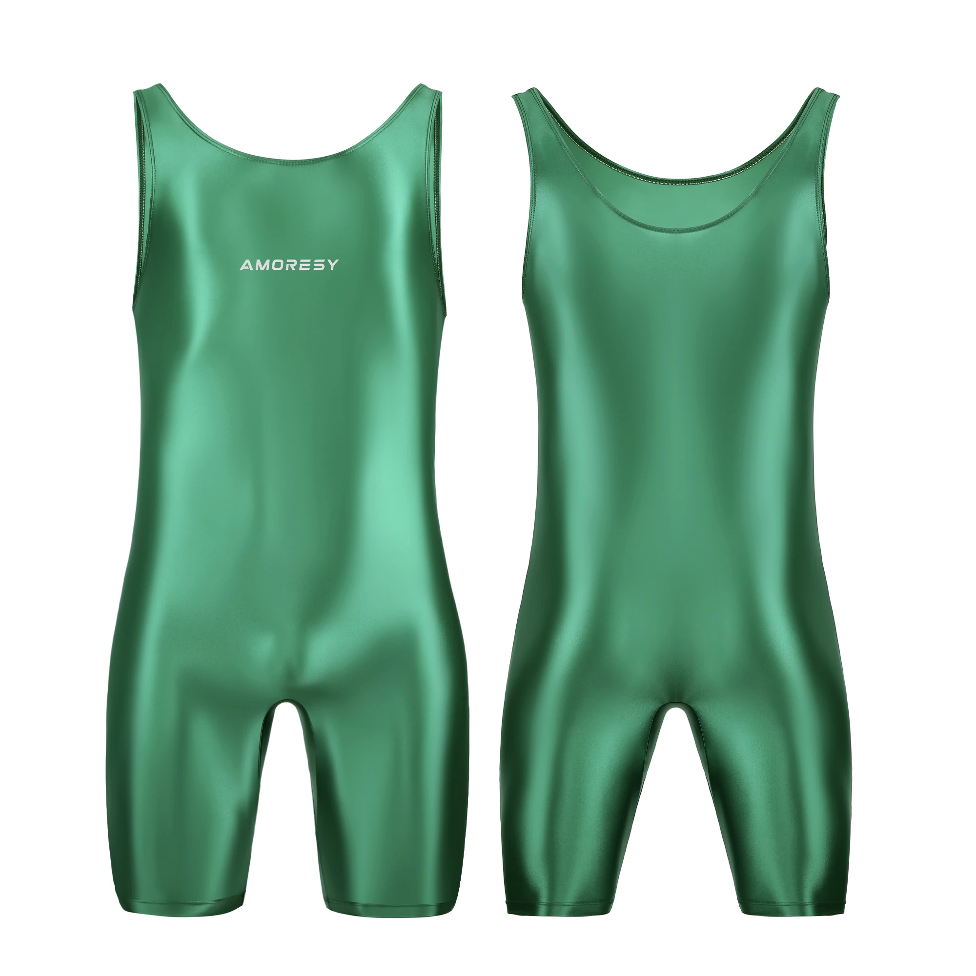 AMORESY satin smooth men's jumpsuit silk smooth surfing suit yoga sportswear vest five part jumpsuit