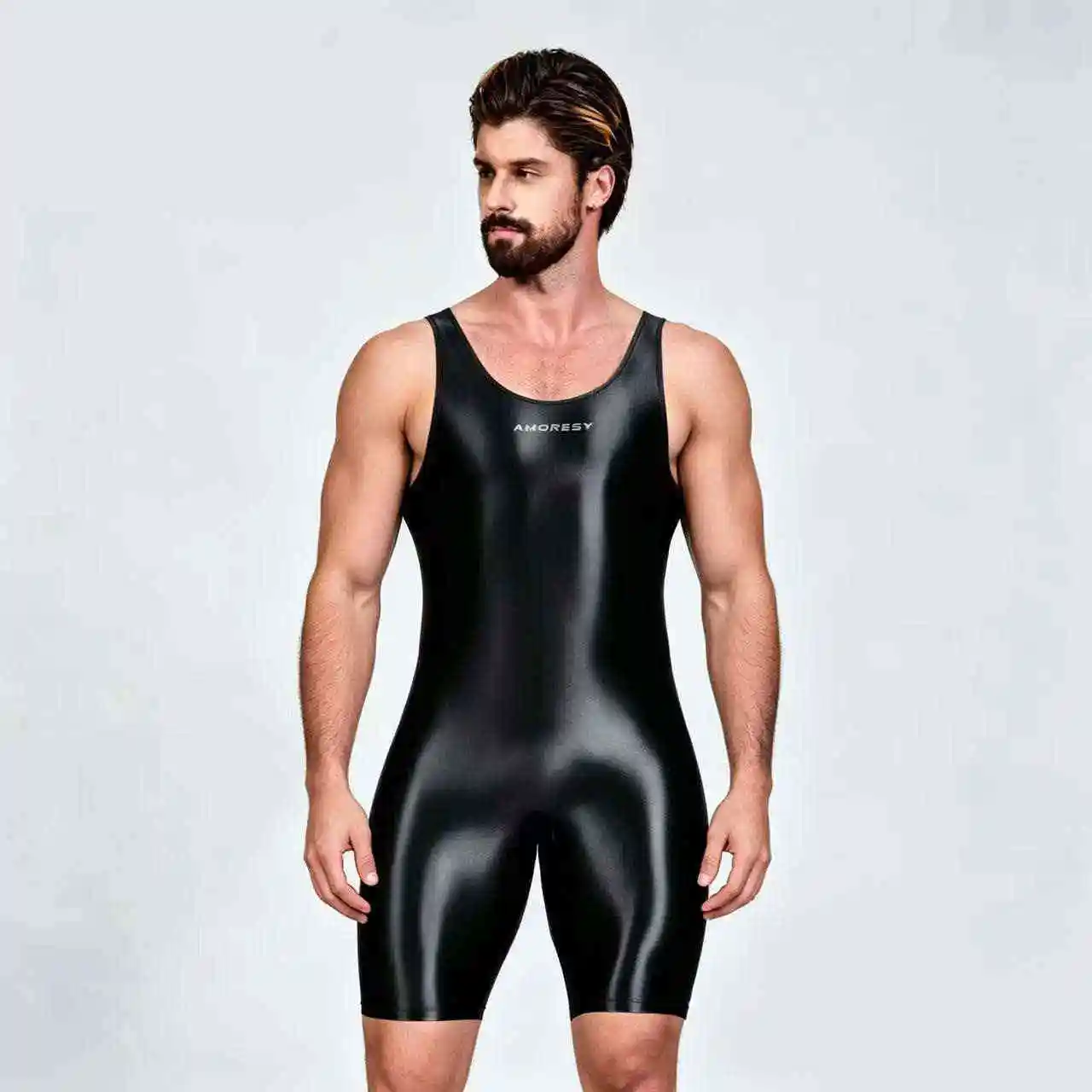 AMORESY satin smooth men's jumpsuit silk smooth surfing suit yoga sportswear vest five part jumpsuit