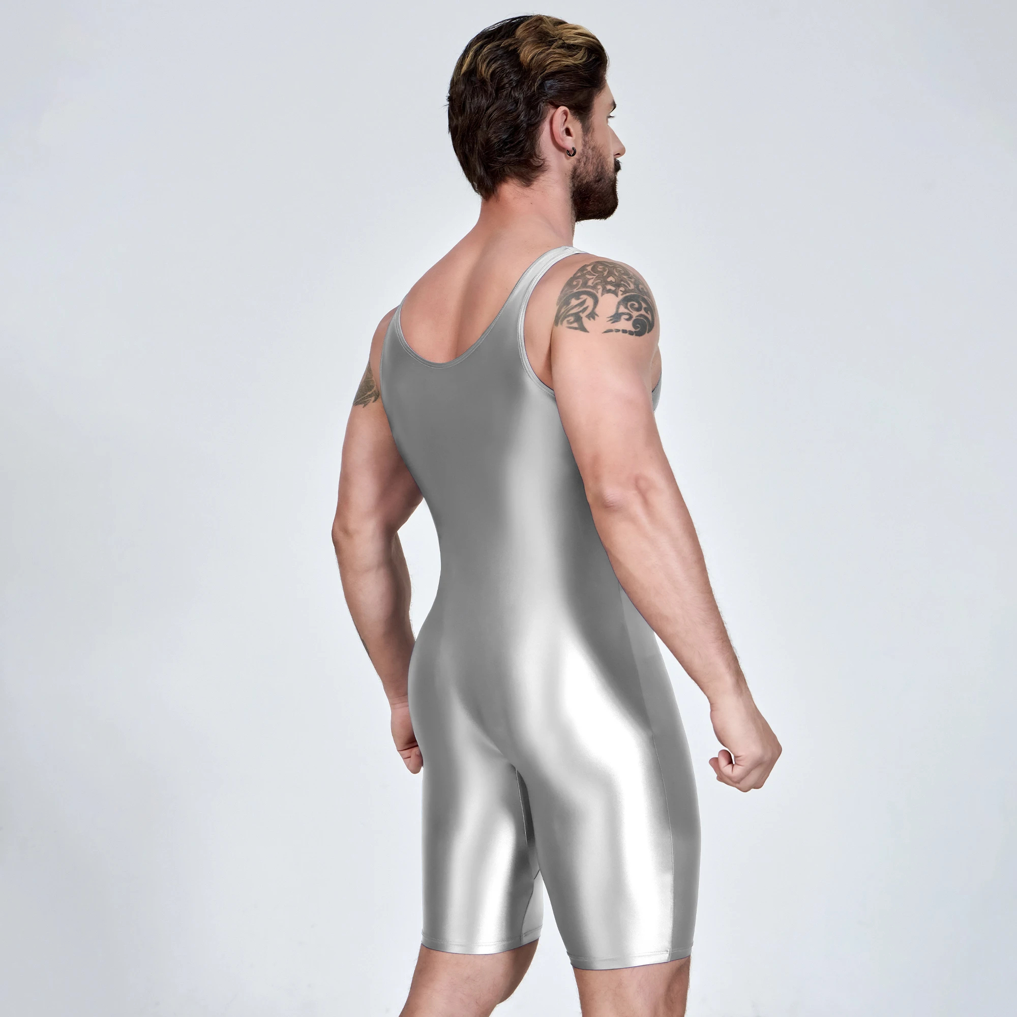 AMORESY satin smooth men's jumpsuit silk smooth surfing suit yoga sportswear vest five part jumpsuit