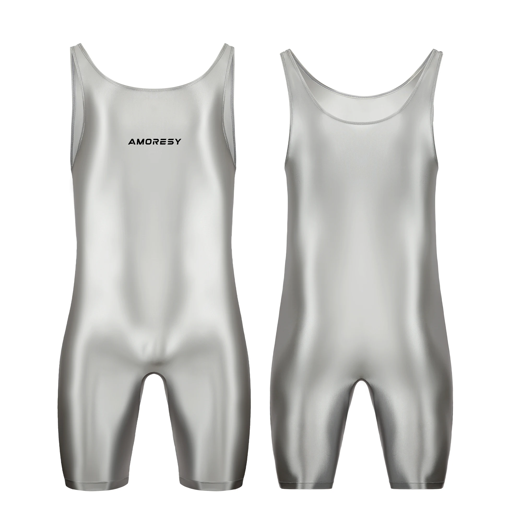 AMORESY satin smooth men's jumpsuit silk smooth surfing suit yoga sportswear vest five part jumpsuit