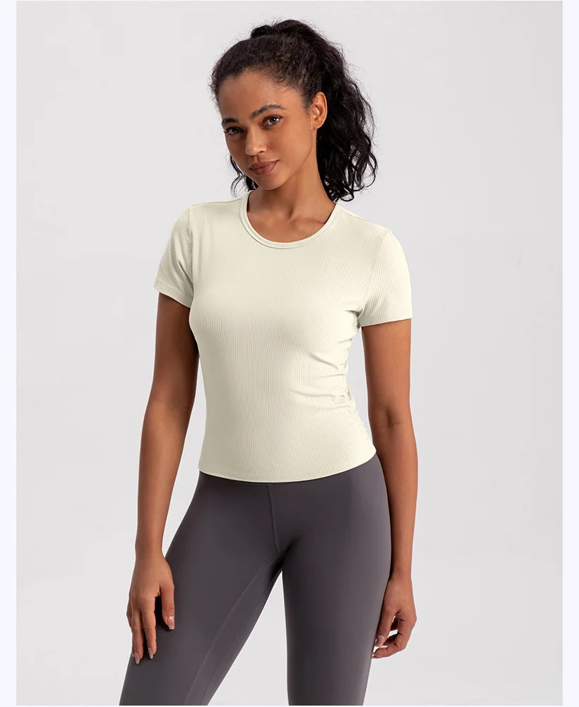 Women Seamless Yoga T-Shirt Ribbed Sports Shirt Breathable Gym Tops Sport Blouse Shirt Short Sleeve Running T-Shirt Yoga Shirts