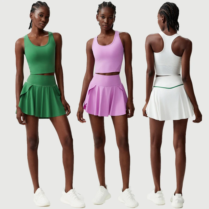 Women Two Pieces Fitness Yoga Set Breathable Outdoor Running Suit Soft Stretchy Tennis Skirt Workout Clothes Short Sportswear