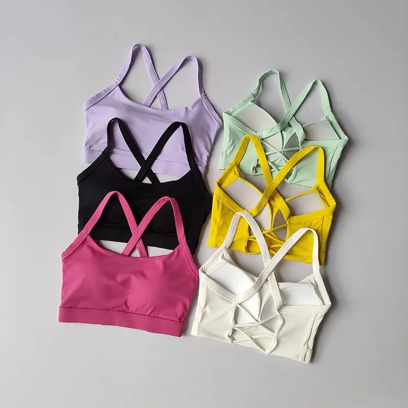 Women's Solid Color Yoga Underwear Fitness Bra Soft Cross Back Push-Up Gym Sports Top with Chest Pad Yoga Vest Sport Crop Top