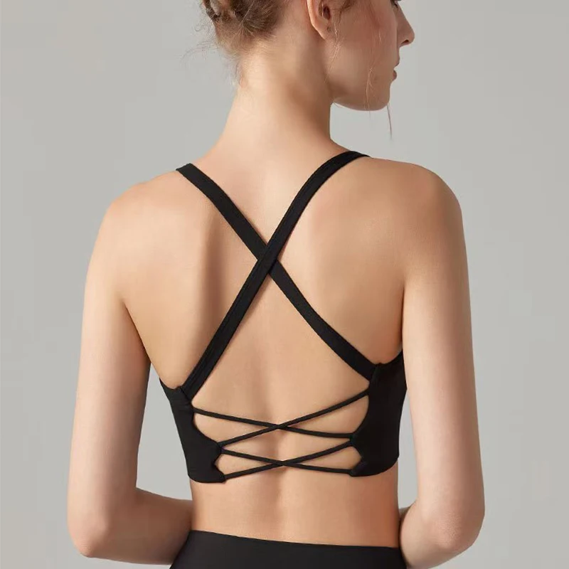 Women's Solid Color Yoga Underwear Fitness Bra Soft Cross Back Push-Up Gym Sports Top with Chest Pad Yoga Vest Sport Crop Top