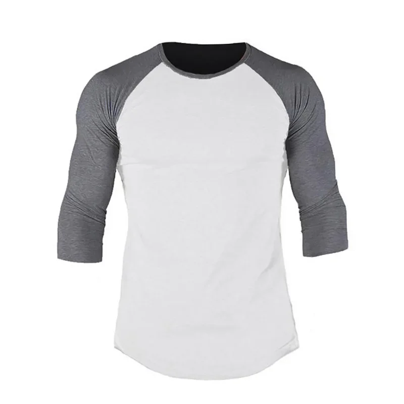 Plain Fitness Three Quarter Sleeve Shirt Mens Training Clothing Cotton Breathable T-shirt Slim Fit Gym Bodybuilding Muscle Tops