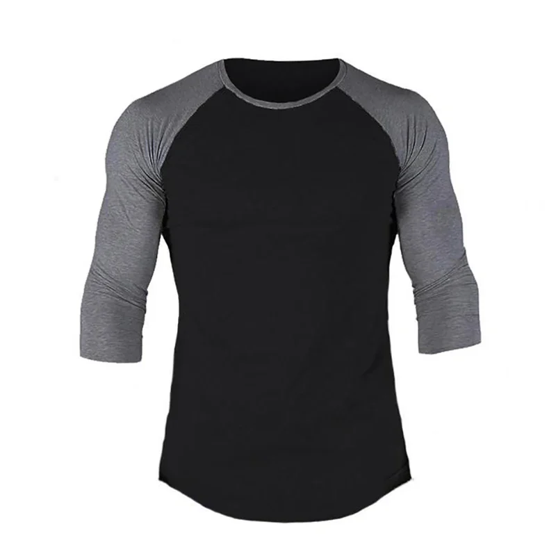 Plain Fitness Three Quarter Sleeve Shirt Mens Training Clothing Cotton Breathable T-shirt Slim Fit Gym Bodybuilding Muscle Tops