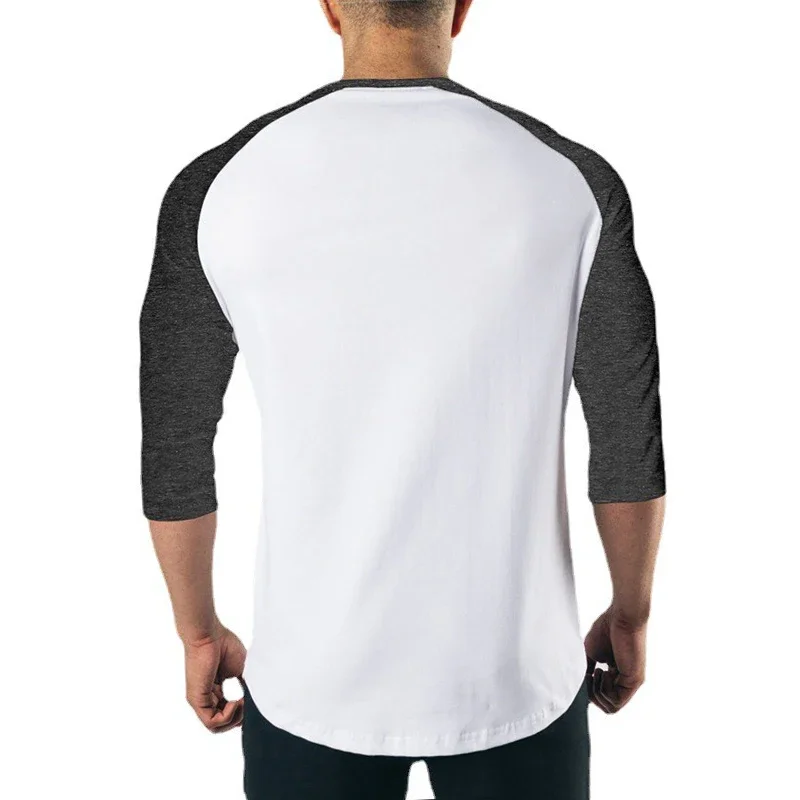 Plain Fitness Three Quarter Sleeve Shirt Mens Training Clothing Cotton Breathable T-shirt Slim Fit Gym Bodybuilding Muscle Tops