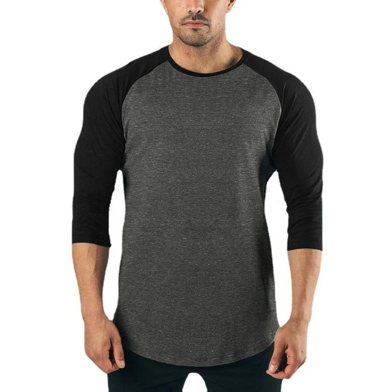 Plain Fitness Three Quarter Sleeve Shirt Mens Training Clothing Cotton Breathable T-shirt Slim Fit Gym Bodybuilding Muscle Tops