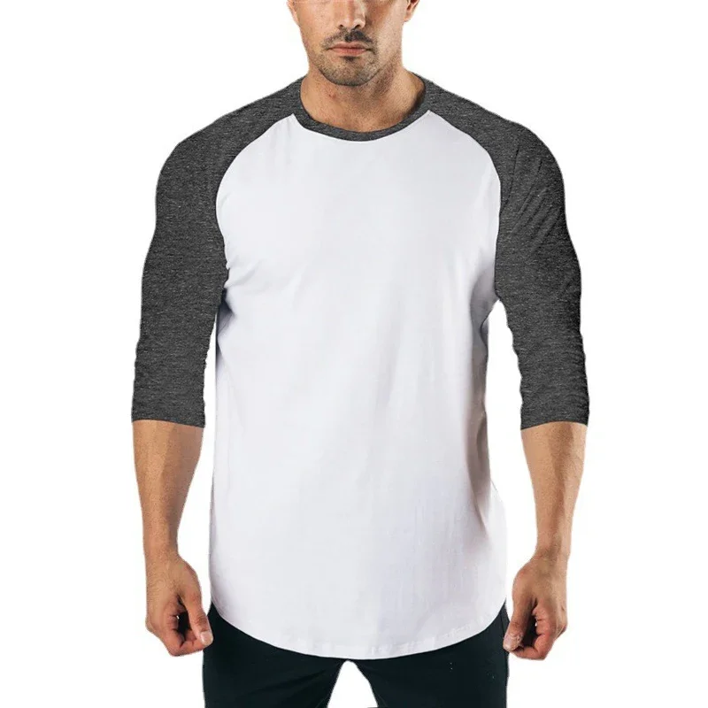 Plain Fitness Three Quarter Sleeve Shirt Mens Training Clothing Cotton Breathable T-shirt Slim Fit Gym Bodybuilding Muscle Tops