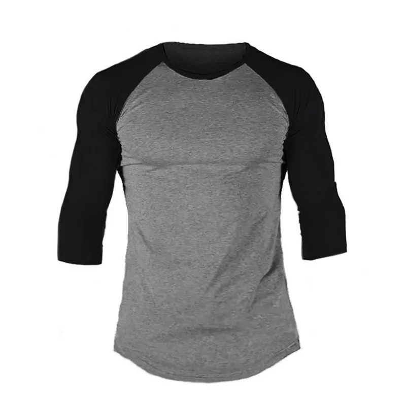 Plain Fitness Three Quarter Sleeve Shirt Mens Training Clothing Cotton Breathable T-shirt Slim Fit Gym Bodybuilding Muscle Tops
