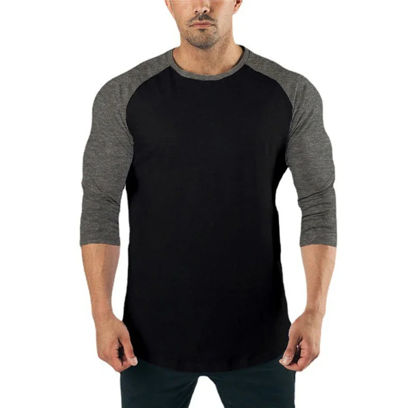 Plain Fitness Three Quarter Sleeve Shirt Mens Training Clothing Cotton Breathable T-shirt Slim Fit Gym Bodybuilding Muscle Tops