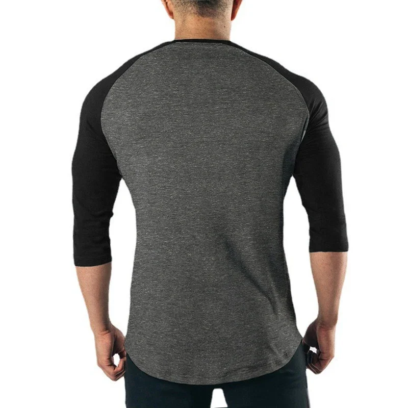 Plain Fitness Three Quarter Sleeve Shirt Mens Training Clothing Cotton Breathable T-shirt Slim Fit Gym Bodybuilding Muscle Tops