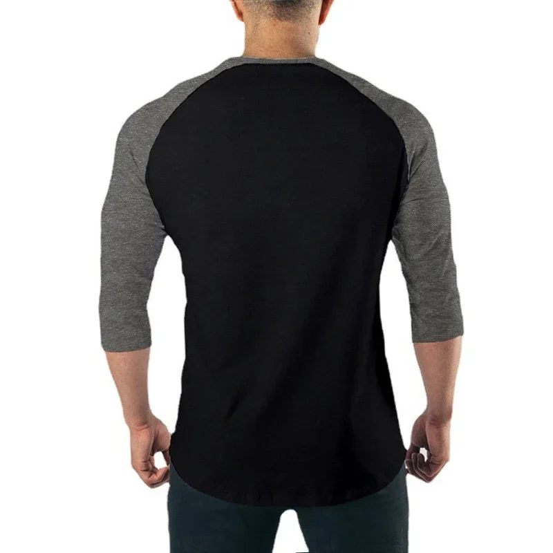 Plain Fitness Three Quarter Sleeve Shirt Mens Training Clothing Cotton Breathable T-shirt Slim Fit Gym Bodybuilding Muscle Tops