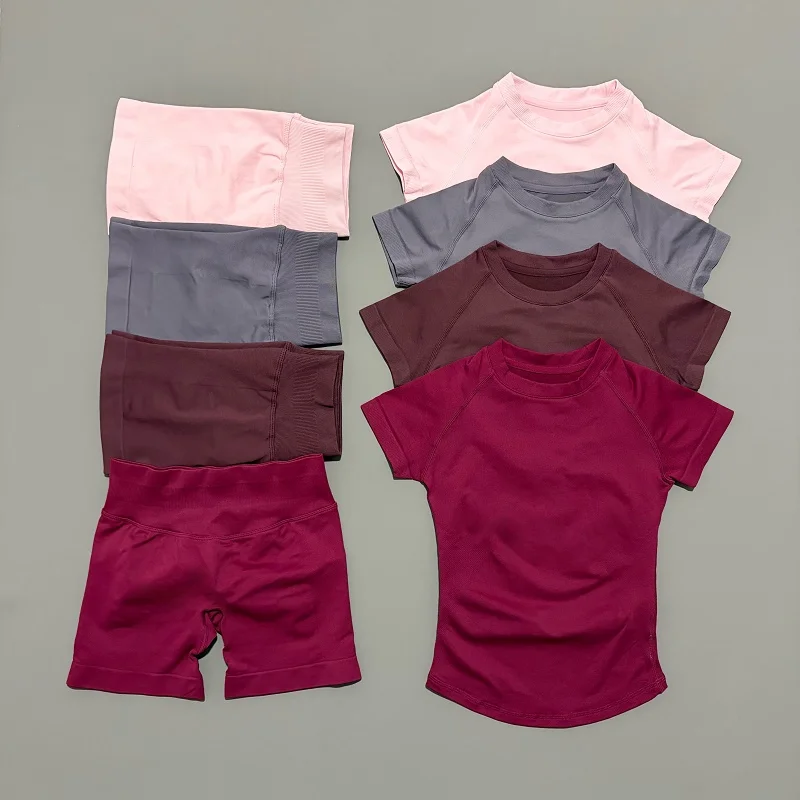 2 Pieces Sports Sets Short Sleeve Seamless Yoga Top Fitness Set Women Workout Running Sports Shorts Gym Suit