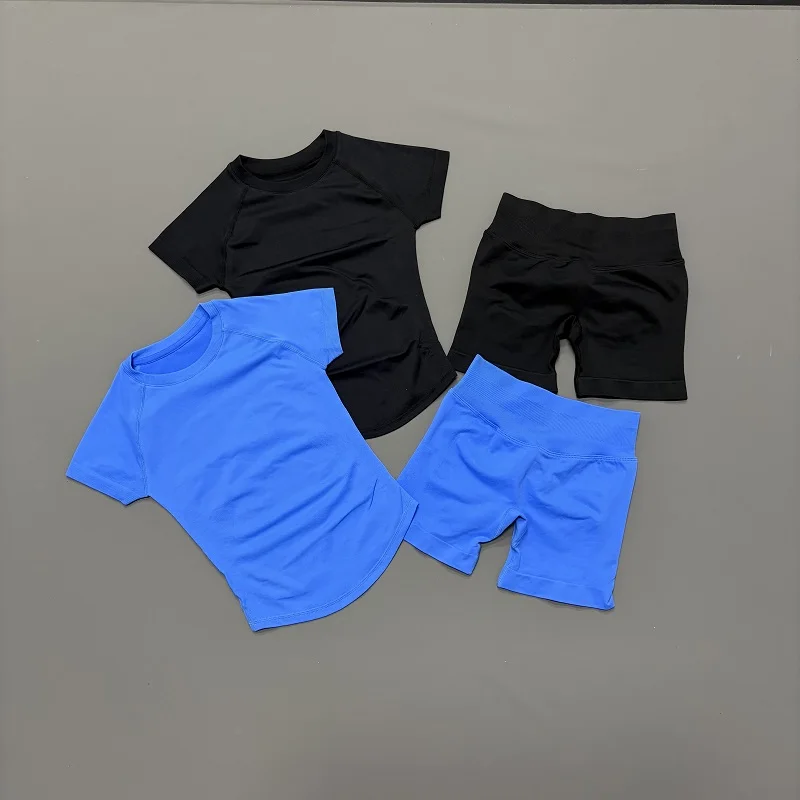 2 Pieces Sports Sets Short Sleeve Seamless Yoga Top Fitness Set Women Workout Running Sports Shorts Gym Suit