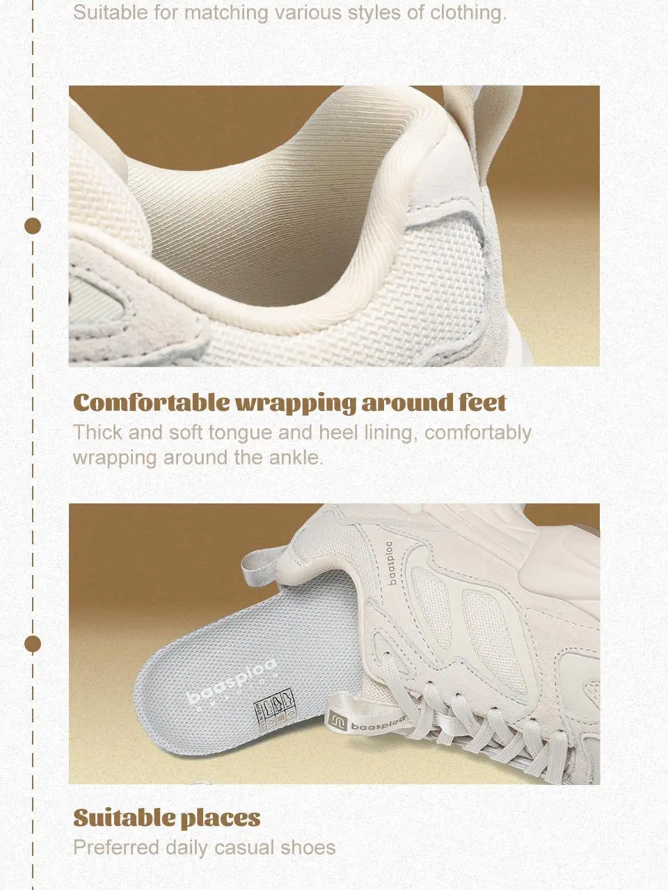 Baasploa Women Walking Sneakers Comfort Leather Mesh Casual Shoes Female Solid Color Fashion Sport Shoes Non-Slip Hight Increase