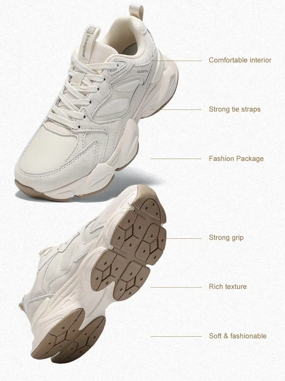 Baasploa Women Walking Sneakers Comfort Leather Mesh Casual Shoes Female Solid Color Fashion Sport Shoes Non-Slip Hight Increase