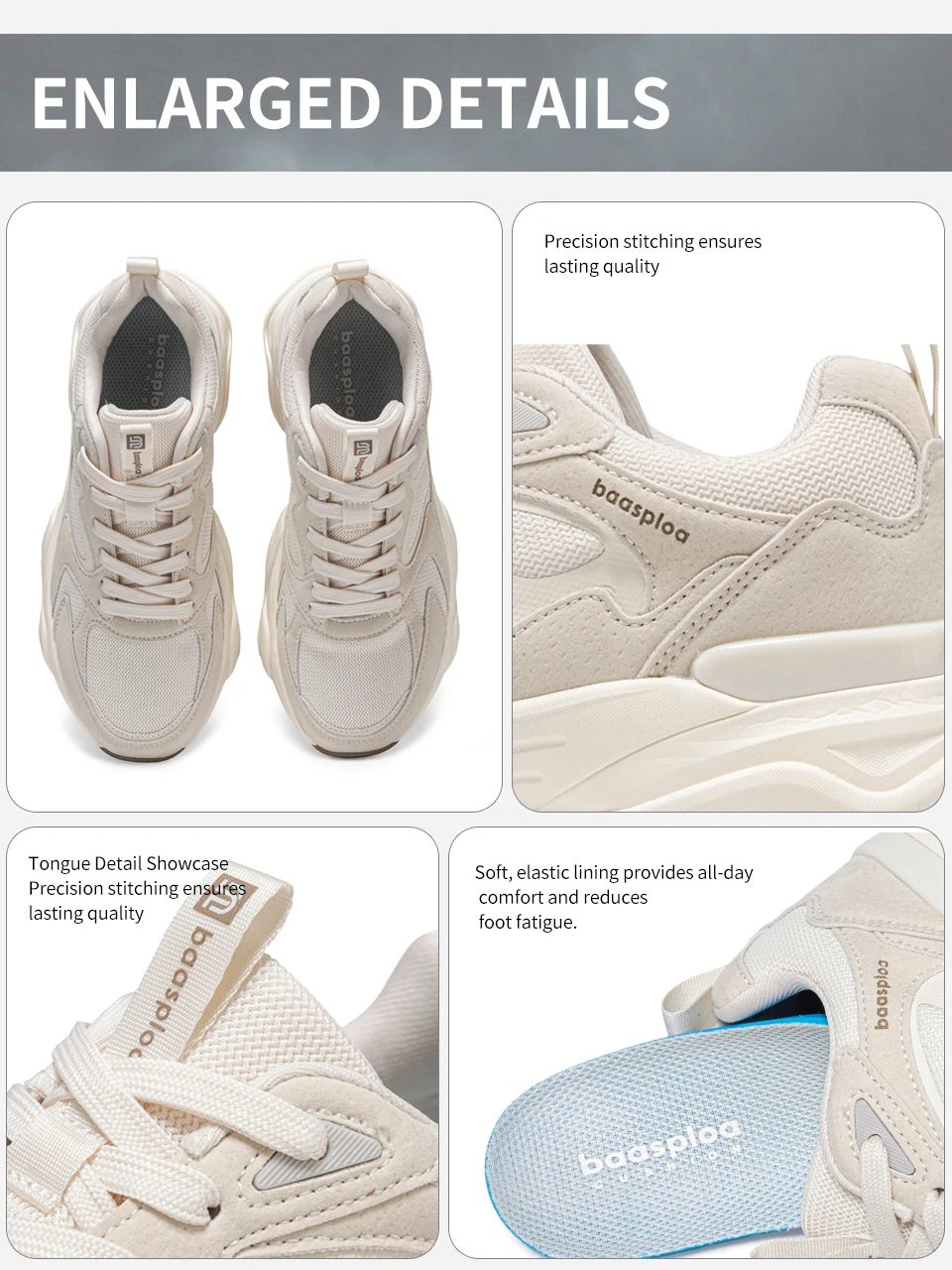 Baasploa Women Walking Sneakers Comfort Leather Mesh Casual Shoes Female Solid Color Fashion Sport Shoes Non-Slip Hight Increase