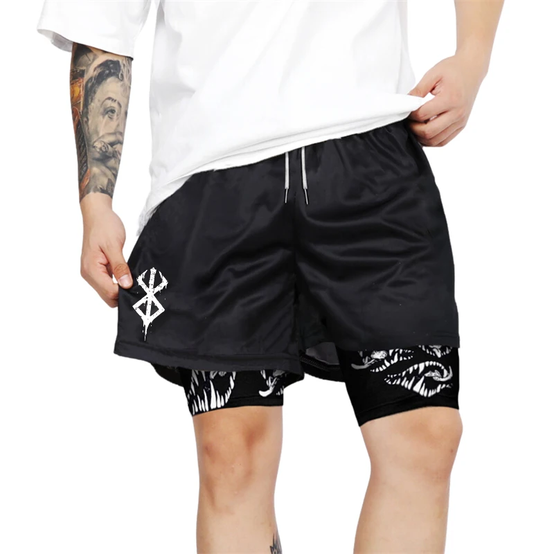Berserk Print 2 in 1 Running Shorts for Men Gym Workout Fitness Athletic Shorts with Pockets Summer Activewear Quick Dry Stretch