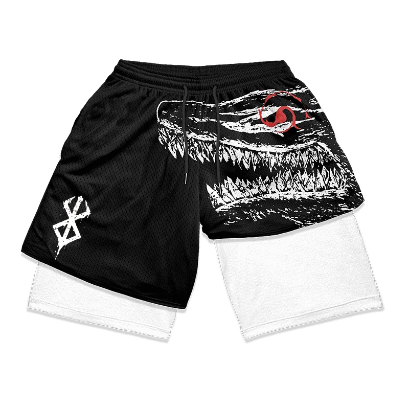 Berserk Print 2 in 1 Running Shorts for Men Gym Workout Fitness Athletic Shorts with Pockets Summer Activewear Quick Dry Stretch