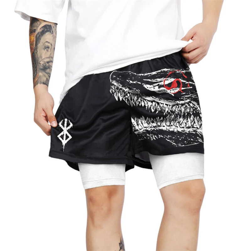 Berserk Print 2 in 1 Running Shorts for Men Gym Workout Fitness Athletic Shorts with Pockets Summer Activewear Quick Dry Stretch