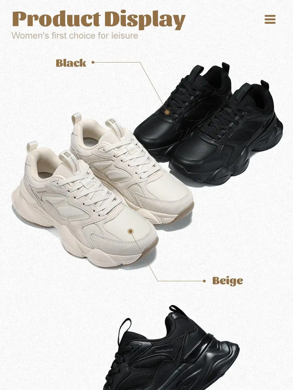 Baasploa Women Casual Shoes Comfort Leather Walking Sneakers For Women Solid Color Fashion Sport Shoes Non-Slip Hight Increase