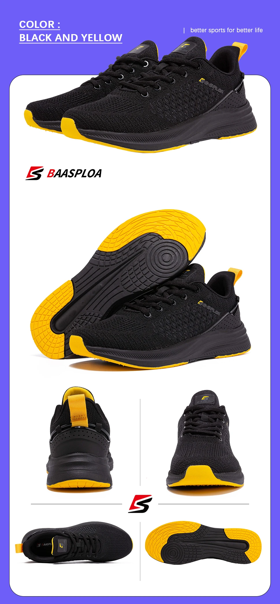 Baasploa New Men Knit Casual Walking Shoes  Breathable Trendy Sneakers Original Lightweight Shock Absorption Male Tennis Shoe