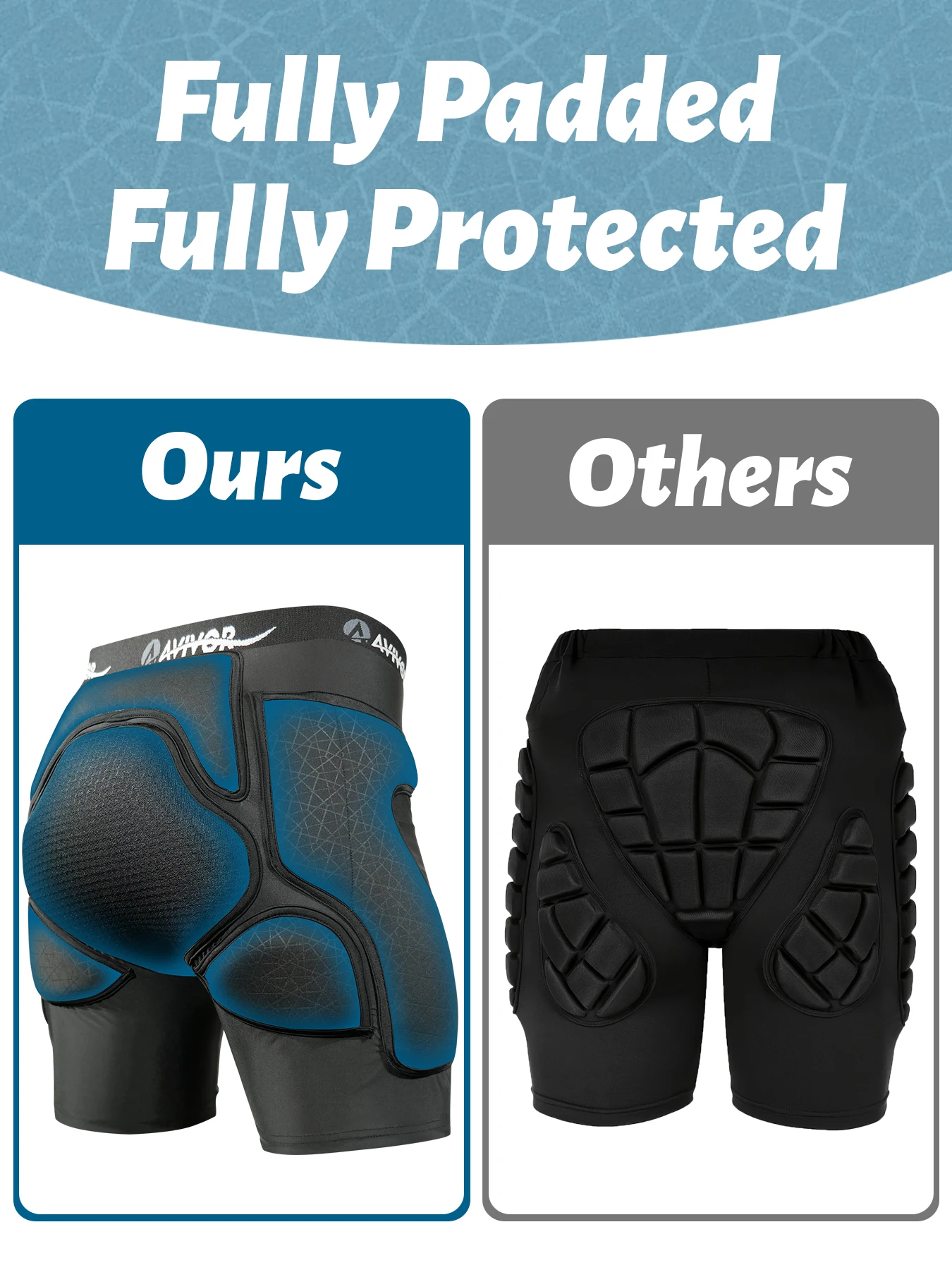 AVIVOR Never-Flatten Foam Padded Shorts | Full Coverage & Breathable | Low-Profile Protection for Ski/Skate/Skateboard (Adults)