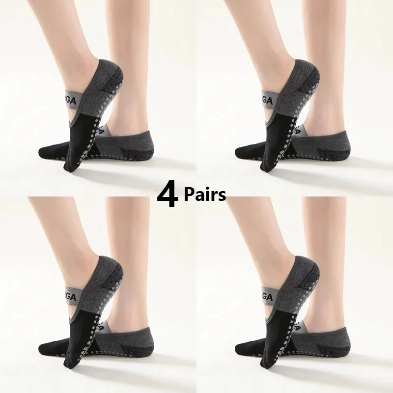 4 Pairs Women Anti-slip Yoga Socks Backless Bandage Pilates Socks Ladies Ballet Dance Fitness Slipper Cotton Sports Socks