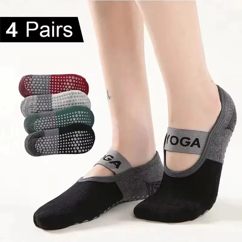 4 Pairs Women Anti-slip Yoga Socks Backless Bandage Pilates Socks Ladies Ballet Dance Fitness Slipper Cotton Sports Socks